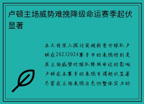 卢顿主场威势难挽降级命运赛季起伏显著