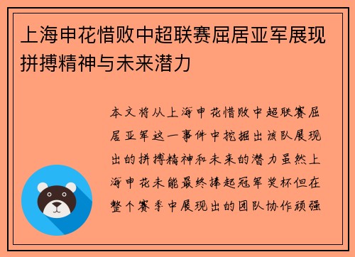 上海申花惜败中超联赛屈居亚军展现拼搏精神与未来潜力